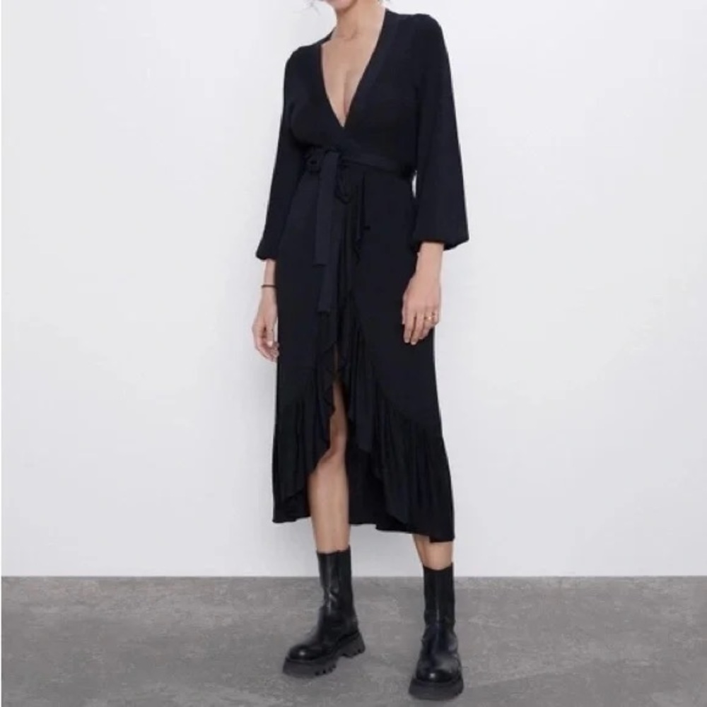 Zara Black Ribbed Maxi Wrap Dress Size Small Ruffled Hem Elegant Dress